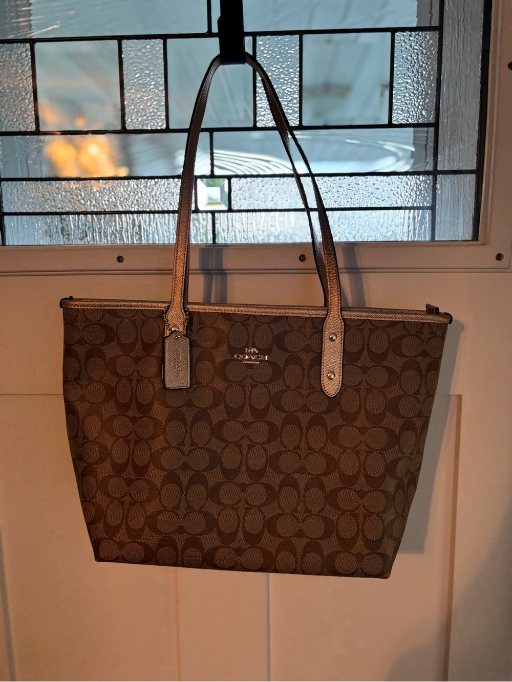 Coach Brown Signature Canvas Tote with Leather Trim